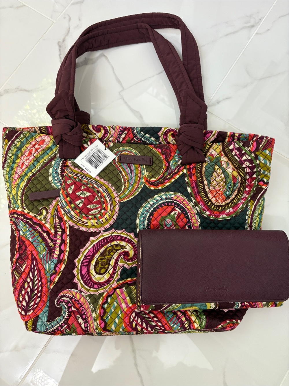 Vera Bradley Maroon Paisley Quilted Tote Bag with Matching Wallet